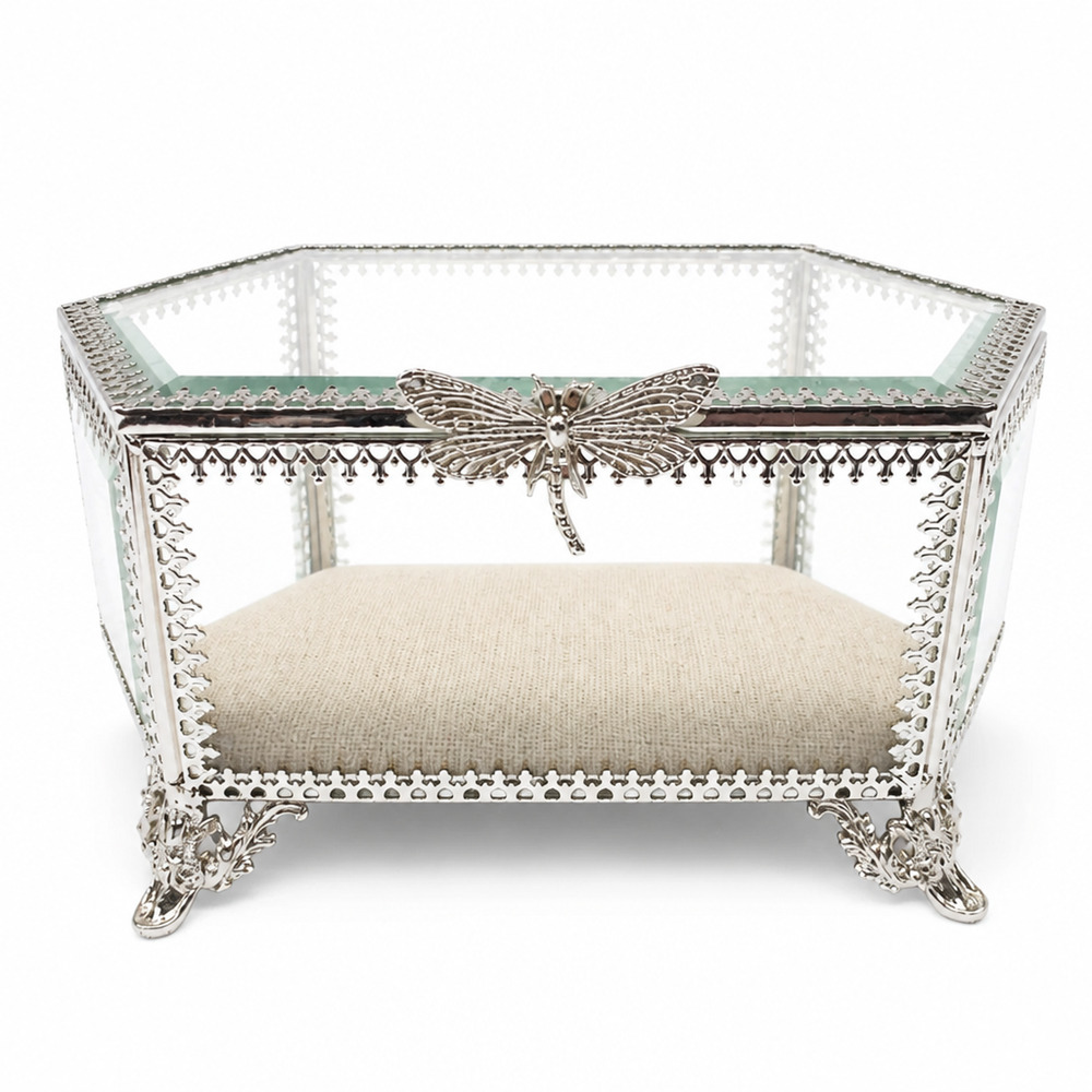 Rachel Ashwell Beautiful Glass Dragonfly Jewelry Box Silver Keepsake 8" x 5"